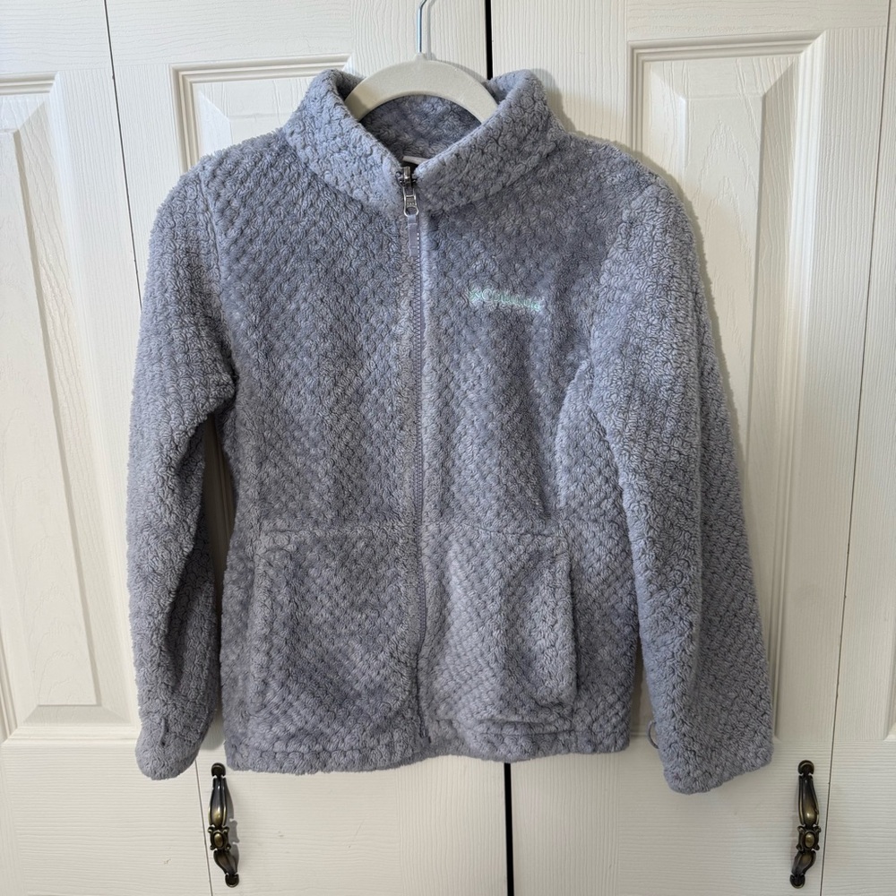 Columbia Fire Side Sherpa Jacket Girls Size Medium Full Zip Grey & Teal